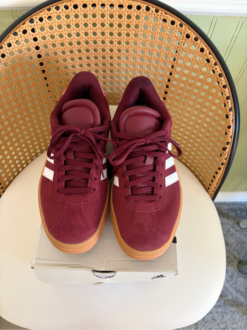 Adidas bold platform Burgundy Suede Sneakers with White Stripes and Gum Sole